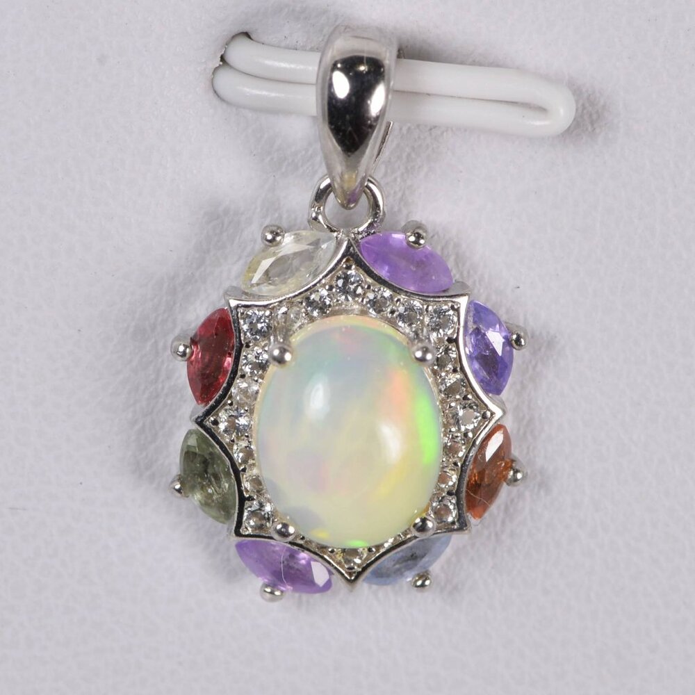 925 Natural Ethopian Opal w Natural Sapphire & White Topaz Pendant